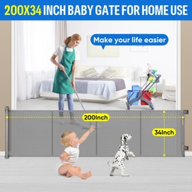 200inches Retractable Baby Gates Extra Wide, 34" Tall Extra Large Openings Baby Gates for Doorways, Upgraded Retractable Dog Gate for Stairs, One-Handed Operation, Built-in Reinforce Strip (Grey)