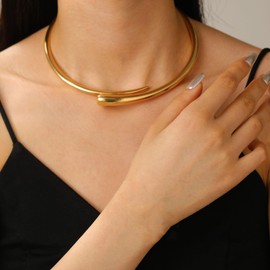 Moonffay Chunky Gold Necklace for Women Trendy Open Cuff Gold Collar Teardrop Thick Choker Gold Statement Necklace for Women