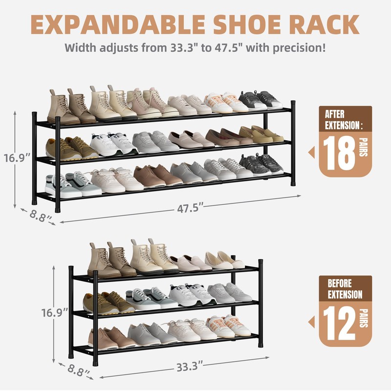 STORAGE MANIAC Long Expandable Shoe Rack, 18 Pairs Metal Wide