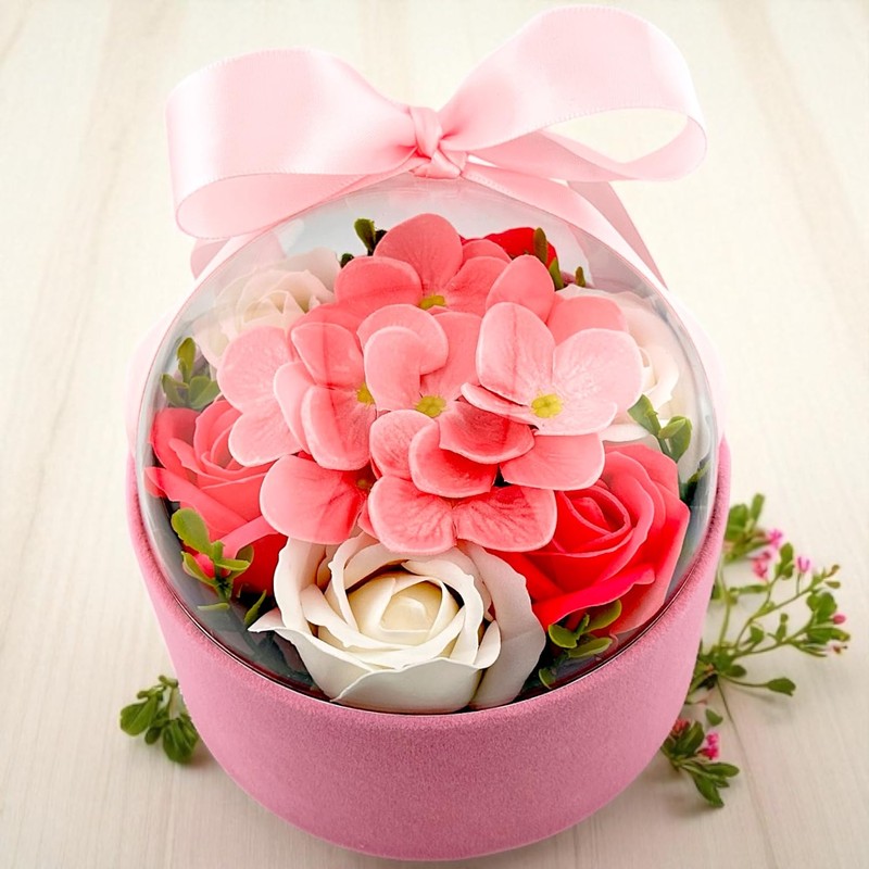 Flowerbox mit Seifenblumen – Hortensien & Rosen im rosa Geschenkset