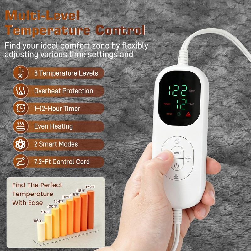 Wearable Heated Blanket with Foot Pocket, Detachable Hood, 8 Heat