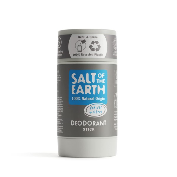 Salt Of the Earth Refillable Natural Deodorant Stick, Vetiver & Citrus - 100% Natural, Aluminium Free, Vegan & Long Lasting Protection, Suitable for Women, Men & Children, Improved Formula, 84 g