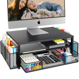 OPNICE Desk Organizers and Accessories, 2-Tier Computer Monitor Stand with Drawer and 2 Pen Holders, Laptop Stand, Office Desk Accessories for Office Supplies, Rose Gold