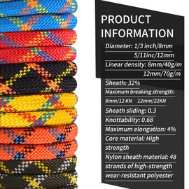 Outdoor Climbing Rope 8MM/12MM 6 Colors 1M(3.2ft)-70M(230ft), Static Rock Climbing Rope with 2 Steel Hooks, Rappelling Rope for Outdoor, Hiking Safety Escape Rope, Rescue Parachute (Blue, 8mm-70m)