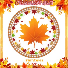 25 Pcs Thanksgiving Paper Plates 7" Fall Maple Leaf Plaid Print Disposable Dessert Plates Thanks Theme Tableware for Autumn Harvest Birthday Wedding Thanksgiving Party Dinnerware Supplies