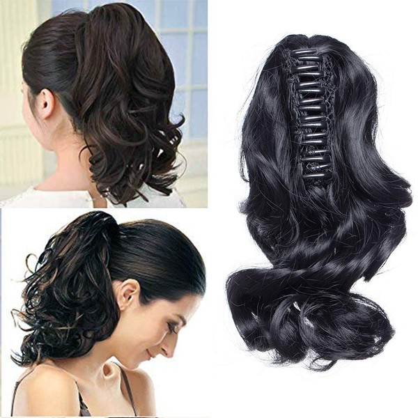 Clip-In Ponytail Extension, Braid Hairpiece Like Real Hair, Ponytail Hair Extension with Butterfly Clip, Wavy 30 cm - 110 g, Black