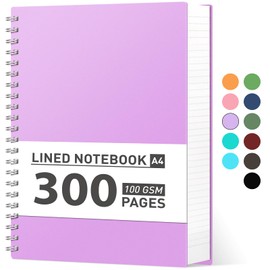 AHGXG Spiral Notebook College Ruled - Large Spiral Journal A4 Notebook 8.5" x 11", 300 Pages Writing Journal for Work, 100GSM Thick Paper, Plastic Hardcover, for Women Men Office School, Lilac