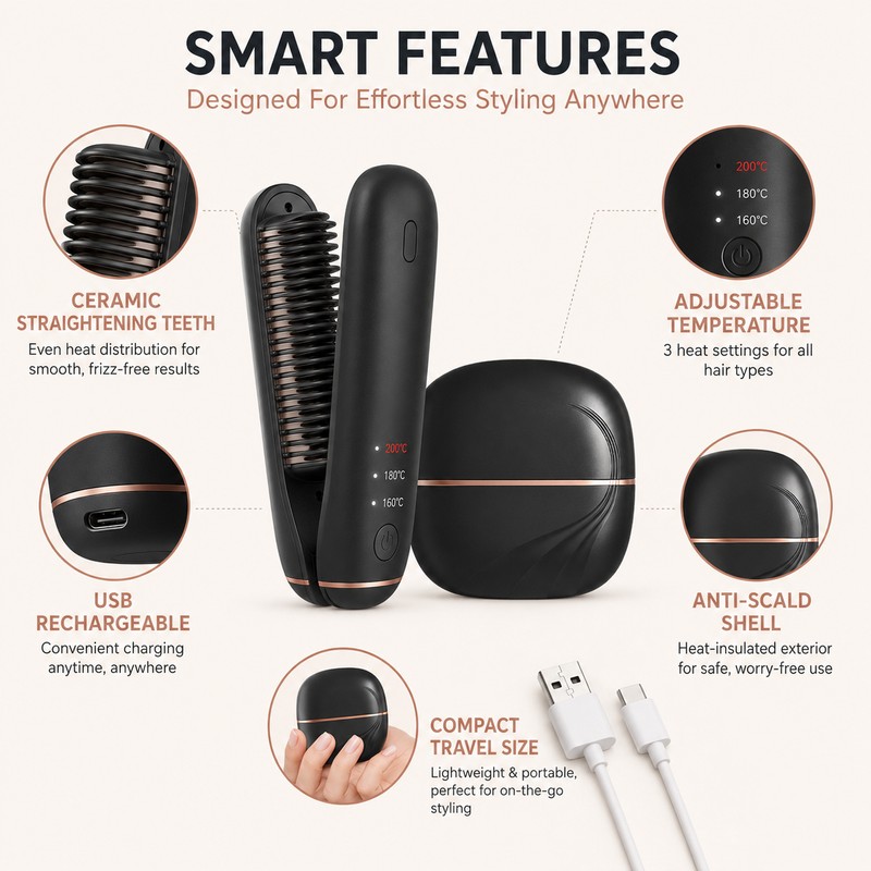 Cordless Hair Straightener Brush for Travel – Rechargeable Mini Ceramic