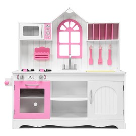 HONEY JOY Pink Kids Kitchen Playset, 43 Inch Rooftop Wooden Play Kitchen for Toddlers, Microwave, Cookware, Window, Storage Cabinet, Little Chef Pretend Play Toy Kitchen Set, Gift for Boys Girls, Pink