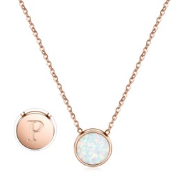 CIUNOFOR Rose Gold Plated Alphabet Opal Pendant Necklace Round Disc Initial Necklace Engraved Letter Necklace with Adjustable Chain Pendant Enhancers for Women Fashion Style Jewerly (P, 16)
