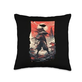 Ninja Japan Art Samurai Bushido Graphic Designs Japanese Red Moon Bushido Mask Katana Sword Samurai Warrior Throw Pillow, 16x16, Multicolor