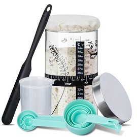 50oz Large Sourdough Starter Jar Glass Kit Wide Mouth with Silicone Spatula, Aluminum Lid, Cloth Cover, Date Marked Band, Thermometer, 10 Pcs Measuring Spoon Set, 300ml Cup
