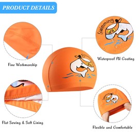 Paciffico Kids Swimming Cap, Waterproof PU Swimming Cap Ear Protection Elastic Swimming Cap with Coating Cartoon Pattern for Kids Boys Girls Age 6-10