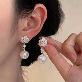 Erimberate Bohemian Camellia Pearl Dangle Earrings White Enamel Rose Flower Earrings Small Crystal Camellia Stud Earrings Round Cz Pearl Drop Earrings Jewelry for Women
