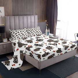 Feelyou Cute Raccoons Bed Set Cartoon Raccoon Bed Sheets for Kids Boys Girls Lovely Fruits Leaves Decor Sheet Set Grey Animal Sheets with 2 Pillowcases 4Pcs Bedding Queen