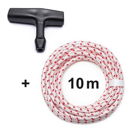 DF QUALITY 10 Metres High-Quality Starter Rope Red/White Includes 1 Starter Handle for Chainsaw, Lawn Mower, Garden Tools, Construction Equipment, Boat Kart RC Braided Cord, Starter Rope (3.0 mm x 10