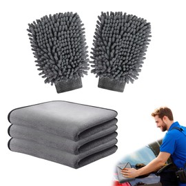Car Washing Kit – 5 Pcs Microfibre Car Cleaning Set with 3x Ultra-Soft Drying Cloth (600GSM) & 2x Wash Mitt, Dual-Sided Chenille Gloves for Auto Care, Washing, Polishing & Waxing, 40x30cm