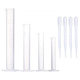 Rngeo Measuring Cylinder Set, 4 Sizes Graduated Polypropylene Lab Test Tubes in 100 ml, 50 ml, 25 ml, 10 ml for Laboratory, & Science Experiments with 4 Plastic Droppers in 3 ml