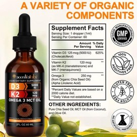 Organic Vitamin D3 K2 Drops with 5000 IU of Vitamin D and MCT Oil Omega 3 (2 Oz) for Healthcare and Dietary Needs