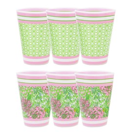 Lilly Pulitzer 14 Ounce Reusable Plastic Pool Cups, Set of 6 Durable Drinking Glasses, Lime Feeling Good/Butterfly Trellis