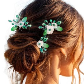 EVILD Wedding Hair Accessories Green Rhinestone Hair Pins Flower Hair Clips for Women (Pack of 3)