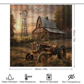 Denruny 4 Pcs Vintage Watercolor Old Tractor Shower Curtain 12 Hooks, Oil Painting Western Farmhouse Harvest Farm Sunflower Tractor Bathroom Set Shower Mat Shower Curtain Rug