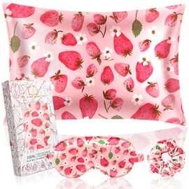 Miss Adola 1Pack Mulberry Silk Pillow Case for Hair and Skin Standard 26"x20" Silk Pillowcase with Eye Mask & Scrunchie Soft Silk Pillowcase Sleeping for Women, Wife, Female - Strawberry