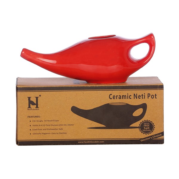 HealthGoodsIn Ceramic Neti Pot, Premium Handcrafted, Nose Cleaner for Sinus, Dishwasher Safe 225 Ml. - Red Color