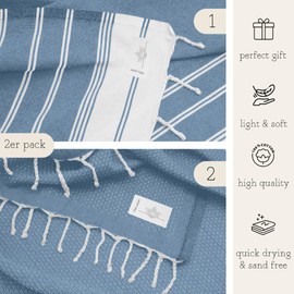 NOUR Hammam Towel Beach Towel Pack of 2 Large 100 x 200 cm 100% Cotton Picnic Blanket Sauna Towel Extra Light Absorbent Quick Drying Sand-Free (Blue Jeans)