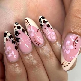24 Pcs French Tip Press on Nails Medium Almond Fake Nails with Leopard Print Designs False Nails Pink Flower Acrylic Nails Glossy Full Cover Stick on Nails for Coquette Women Finger Manicure