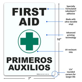 Brimar - 7 x 10" - Bilingual First Aid Sign - 3.5 Mil InfiniStick™ Vinyl Label - Easy Application - Bilingual Message