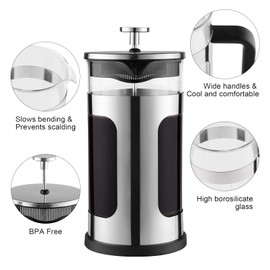 wedrink French Press 350 ml Stainless Steel, French Press Filter for Coffee Tea, Stainless Steel Housing and Borosilicate Glass Container with Triple Stainless Steel Filter - Silver