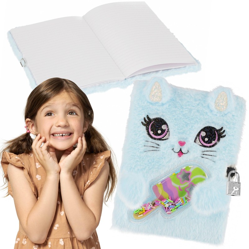 sarcia.eu Katze blau, Plüsch Notizbuch Tagebuch mit Vorhängeschloss A5 liniert