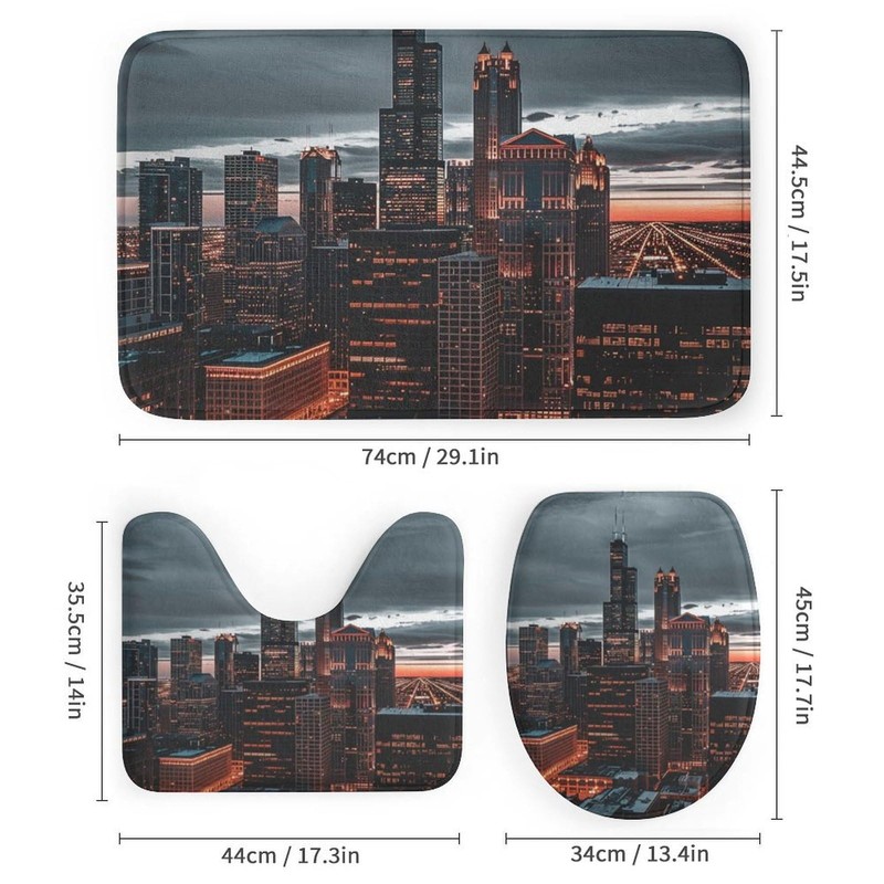 HDESDIS 4Pcs Modern Skyscraper Night Shower Curtain Sets, 4pcs Chicago