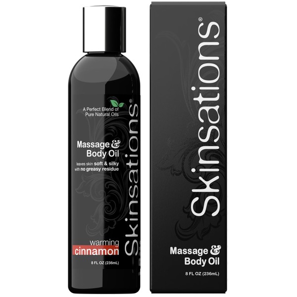 Skinsations - Massage & Body Oil - Cinnamon 8oz | Lightweight & Silky Soft, Naturally Warming Blend of Edible Sweet Almond, Fractionated Coconut, Grape Seed & Jojoba Oils