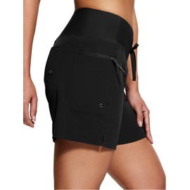 ISEEGZ Women's 5"/9" High Waisted Swim Board Shorts Quick Dry UPF 50+ Womens Swim Trunks Bottoms with Liner Zipper Pockets Black