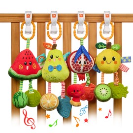 TUMAMA Baby Pram Hanging Rattle Toys 0-3 6-9 Months, Newborn Sensory Learning Toys with Squeaky Sound & Teether, Plush Lemon Rattles for Car Seat, Pushchair, Crib & Stroller Boy Girl (4pcs)