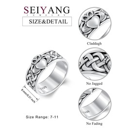 Seiyang Claddagh Ring 925 Sterling Silver Irish Rings Celtic Knot Jewelry Claddagh Band Gift for Men Women - Size 8