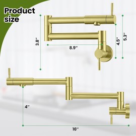 Upside Down Pot Filler Wall Mount Folding Stretchable Kitchen Restaurant Faucet Stainless Steel Brushed Gold Pot Filler Double Joint Swing Arm Two Handles Commercial 1/2 NPT Thread