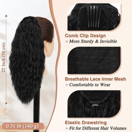 BARSDAR Comb Clip Ponytail Extension, 22 Inch Curly Wavy Black Drawstring Ponytail Extensions for Women Synthetic Comb Clip in Pony Tails Hairpieces Fake Ponytails Daily - Natural Black