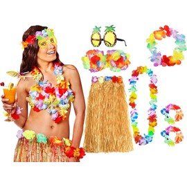 Meiruier 7-Piece Hawaiian Party Costume Set, Hawaiian Costume Women, Fancy Dress Costumes Women for Beach Party Decoration and Pineapple Sunglasses Beach Party Decoration (Yellow-1)