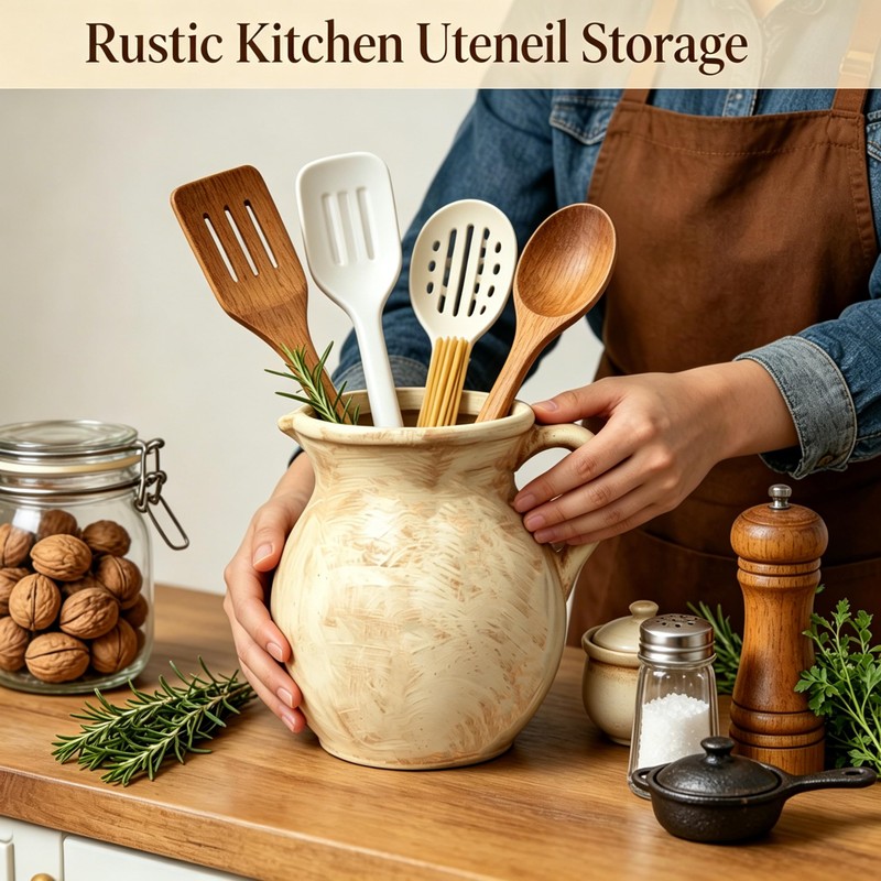 Ceramic Utensil Holder & Crock Farmhouse Rustic Light Clay with