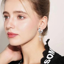 Peasimy Titanium Steel Cross Ear Cuff Earrings Clip-On Cartilage Hoop Earrings for Women Men Gothic Punk Boho Bone Clip Non-Piercing Ear Jewelry, Large, Metal, No Gemstone