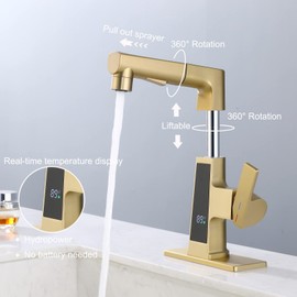 LED Bathroom Faucet with Pull Out Sprayer, Rzoeox Brushed Gold Temperature Digital Display Bathroom Sink Faucet 2 Spray Modes Brass Body RV Faucet Single Handle 1 or 3 Holes with Deck Plate