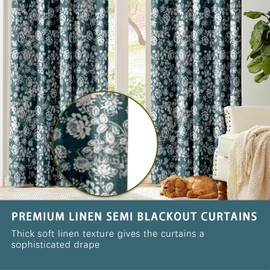 TQUQOBU Teal Linen Curtains Semi Sheer Curtains 84 inches Long for Living Room Bedroom, Light Filtering Noise Reducing Farmhouse Drapes Floral Curtains 2 Panels 3-in-1 Rod Pocket/Back Tab/Ring Hooks.