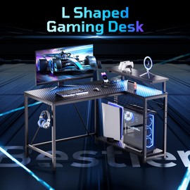 Bestier Bestier Gaming Desk with Power Outlets, 42" L-Shaped Gaming Desk with LED Lights, Desk with Reversible Storage Shelves & Hooks for Small Spaces, Bedrooms & Offices, Black Carbon Fiber