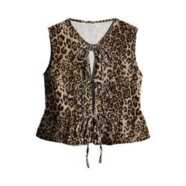 SHENHE Women's Y2k Tie Front Denim Vest V Neck Ruffle Hem Sleeveless Peplum Jean Top Shirt, Leopard Brown, Large