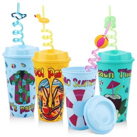 4Pcs Beach Party Drinking Cups with Reusable Tropical Fancy Straws, 16Oz Plastic Cold Cups with Lid and Straw Tumblers Set for Hawaiian Luau Party Pool Summer Birthday Party Favor Pool Gatherings