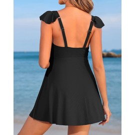 Charmo Maternity One Piece Swimsuit Cut Out Ruched Full Coverage Swim Dress Ruffle Pregnancy Bathing Suits for Women Black S