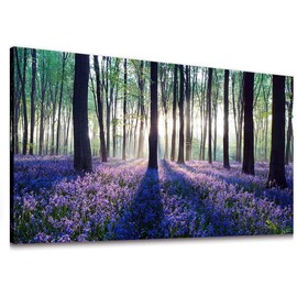 Canvas Wall Art Sunshine in Forests with Lavender Flower Painting Print- Long Canvas Artwork Contemporary Nature Picture for Living Room Office-24"x48"